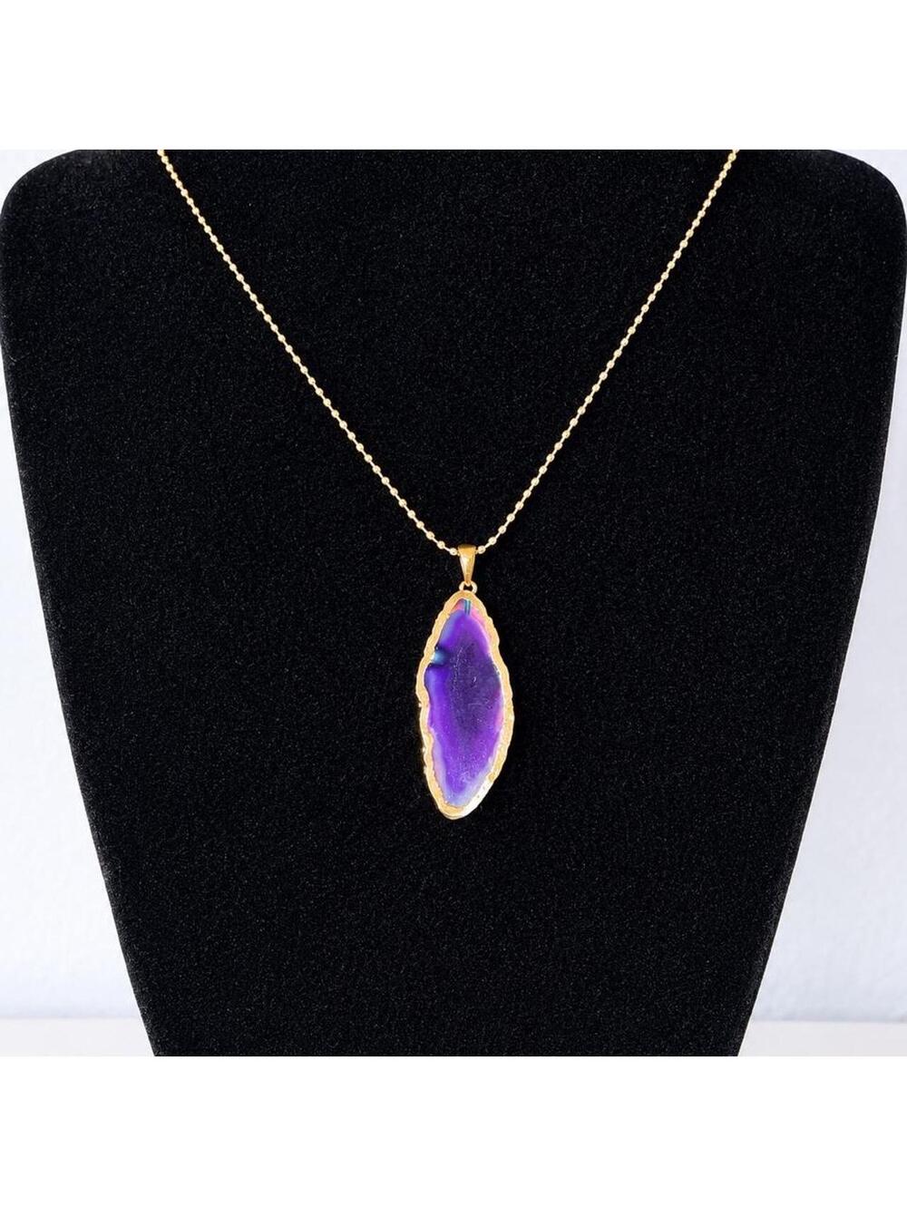 Purple Agate Slice Pendant Necklace with Gold Chain